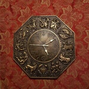 Vintage 1960s Syroco Zodiac Wheel Clock, Astrology Horoscope Wall Decor Plaque